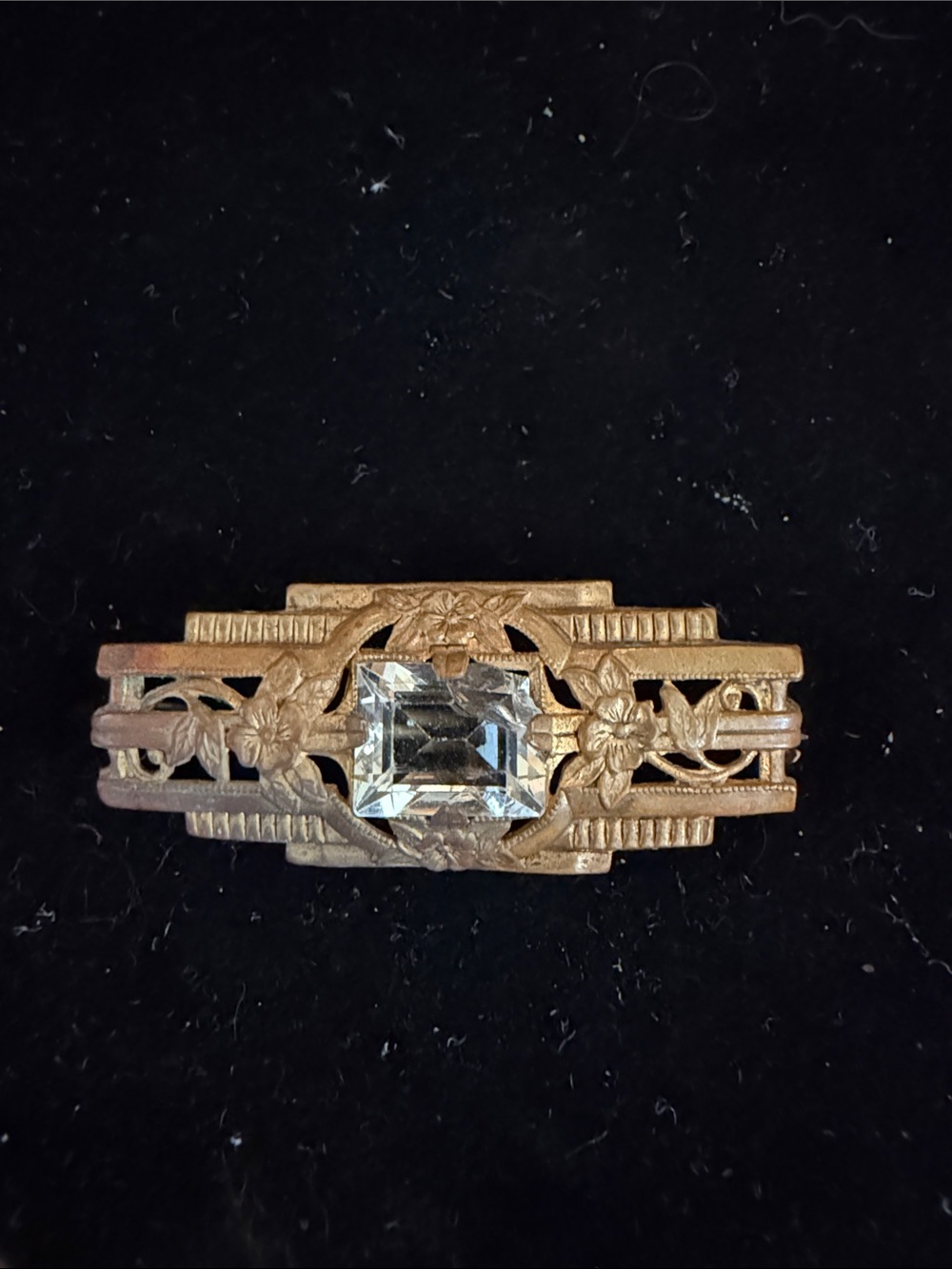 Vintage-Inspired Gold Floral Bar Pin with Clear Stone